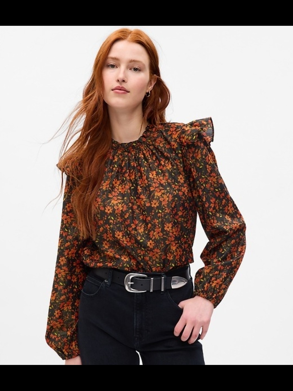 GAP Floral Ruffle-Shoulder Blouse - Black with Rust Floral - Size Medium